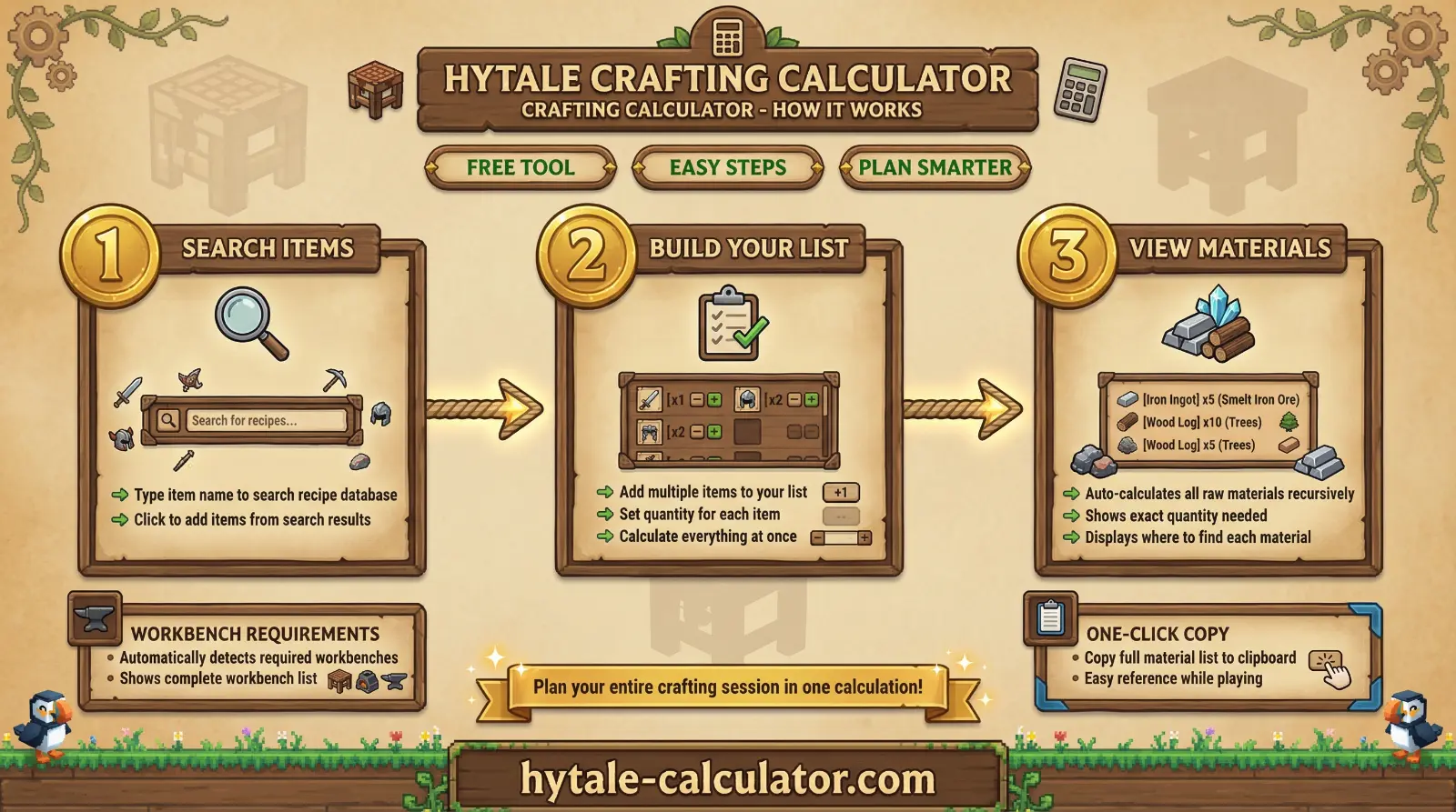 Hytale Crafting Calculator - How It Works infographic showing search, build list, and view materials steps