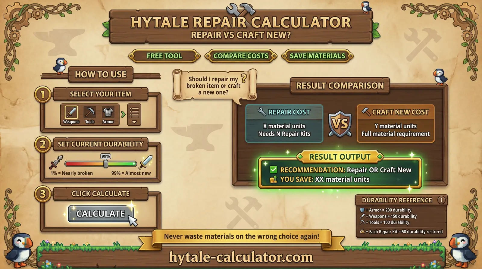 Hytale Repair Calculator - Repair vs Craft New cost comparison infographic