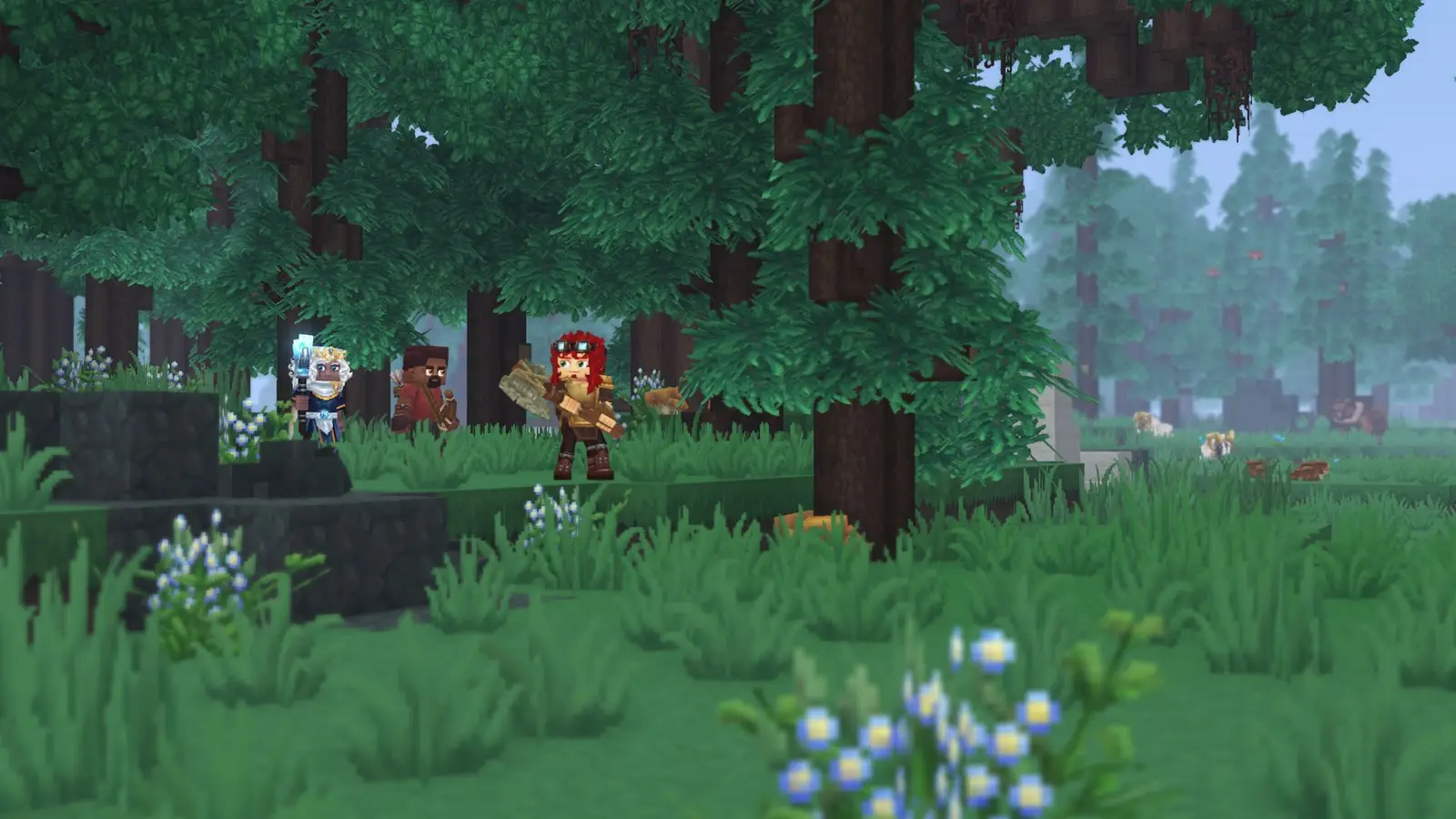 Three adventurers, one holding a glowing staff, walk through tall grass in a misty Zone 3 pine forest in Hytale, with pale blue flowers in front